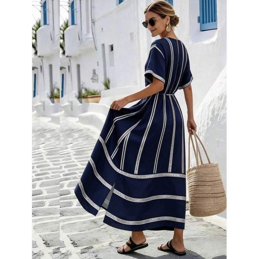 Holidaya Navy Blue And White Striped Maxi Dress,V-Neck Short-Sleeved - Picture 2 of 5